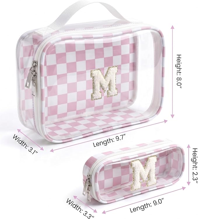 Cute Sunscreen Makeup Bag for Women - Monogram Personalized Initial Makeup Bags Cosmetic Pouch Pink Make Up Case for Women Her Best Friend Sister Teacher Appreciation Gifts for Girls(M,Pink&Beige)