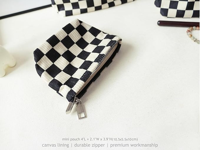 HAPPYHEIDI Checkered Corduroy Makeup Bag Set 3 Women Cosmetic Toiletry Travel Pouch Purse Accessory Organizer, 3-Size, Vintage Black White