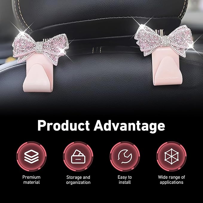 2 PCS Car Headrest Hooks, Cute Bowknot Auto Seat Back Hangers for Purses Bags Coats, Bling Rhinestone Interior Storage Organizer Hooks, Universal for Cars SUVs Trucks (Pink)