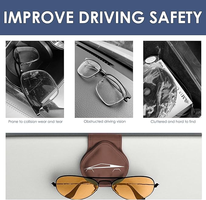 Car Sunglass Holder Compatible with Tesla Cybertruck 2025 2024 Cyberbeast Interior Accessories Organizer Leather Eyeglass Hanger Visor Ticket Card Clip Magnetic Cyber Truck Sunglasses Holders (Brown)