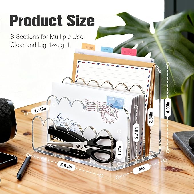 3 Compartments Acrylic Mail Organizer, Vertical File Sorter & Scalloped Desk Organizer for Letters, Envelopes, Bills, Stationery, Mail Holder for Office and Home