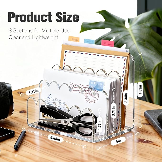 Acrylic Scalloped Mail Organizer, 3 Compartments Desktop Letter Holder, Vertical File Sorter, Desk Organizer for Letters, Envelopes, Bills and Stationery