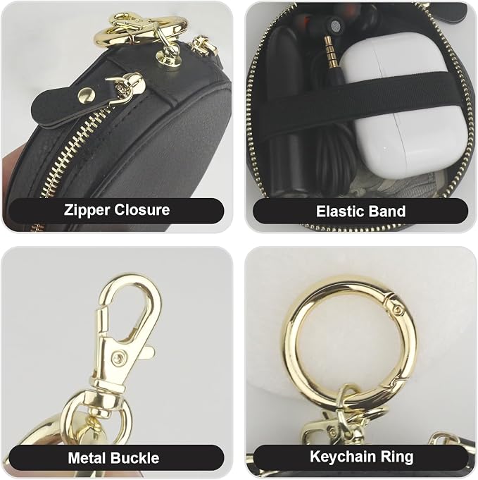 Bocasal Coin Pouch Mini Lipstick Cosmetic Bag with Airtag Holder Mirror, Leather Zipper Travel Makeup Bag Organizer Keychain Ring Clasp for Keys Earbuds Earphone Lip Gloss Chapstick Women Girl (Black)