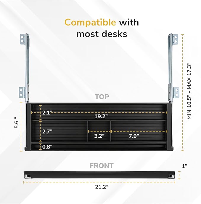 Mount-It! Under Desk Pencil Drawer | 21.25” W, Ball Bearing Slide-Out Organizer for Office Supplies, Paper & Pencils | Fits Desks Over 1” Thick, Adjustable Extension 16.25”–28”