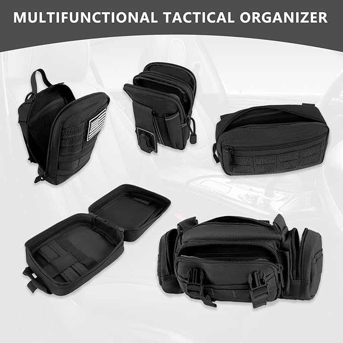 Tactical Car Seat Back Organizer Bag - Tactical Molle Vehicle Organizers Panel with 5 Detachable Pouches for Car Truck Ford Jeep Vehicle (Black Regular)