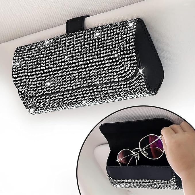 Osilly Bling Car Sunglass Holder for Sun Visor, Sparkling Crystal Leather Automotive Eyeglasses Mount Clip Organizer with Hidden Magnetic Closure for Men Women, Universal for SUV Truck Van（Black）