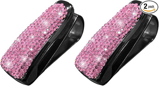 Dickno 2 PCS Bling Sunglasses Holder for Car Sun Visor, Crystal Rhinestones Eyeglasses Hanger Mount with Ticket Card Clip, Universal Vehicle Visor Decor Accessories for Women (Pink)