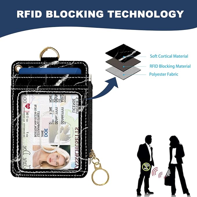 Slim Wallet Credit Card Holder, Black marble texture, RFID Wallet Women Cute Small Front Pocket Wallet With Zipper, PU Leather Thin travel RFID Blocking Card Case ID Window,Ladies Gifts