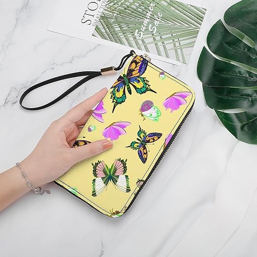 Clutch Wallet Holder for Women Men Colorful Butterflies with Wings Flying Flowers Portable Accordion Zipper Credit Card Storage Bag Waterproof Purse Leather Wallet for Travel Work Shopping