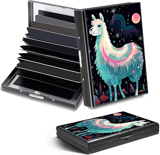 Credit Card Holder, Alpaca Art Design Mini RFID Blocking Aluminum Wallet Slim Metal Hard Case Shell Travel Wallet ID Case Small Credit Cards Case Business Cards for Women Men Girls