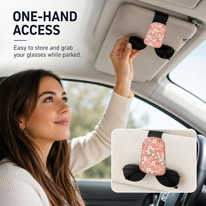Leather Magnetic Sunglass Holder for Car Sun Visor, Cute Eyeglass Ticket Card Hanger Clip, Universal Auto Interior Accessories for SUV Pickup Truck, Peach Floral