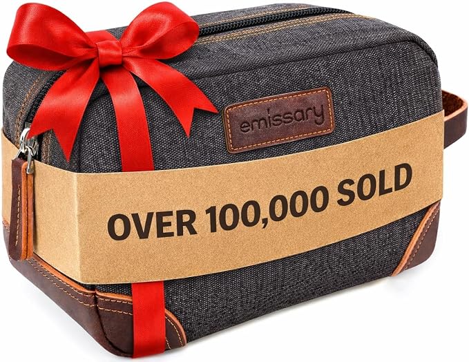 emissary Men's Canvas Travel Toiletry Bag, Leather Dopp Kit - Gray | Durable canvas & PU leather, water-resistant lining, side handle; roomy men's Dopp kit for travel & gym