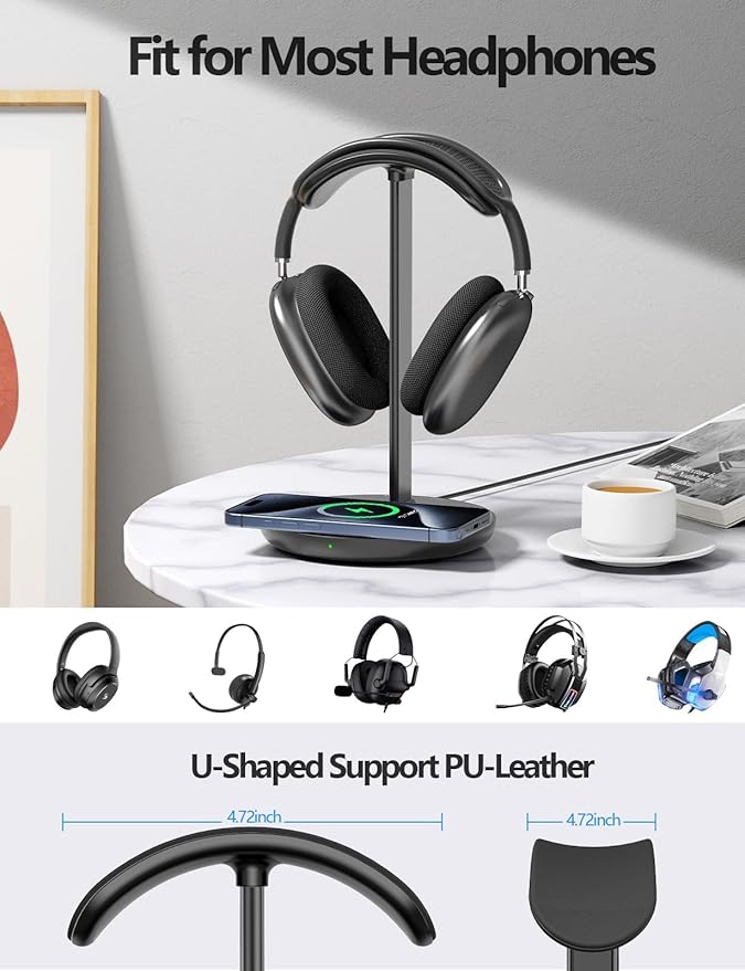 Miroddi Headphone Stand with Wireless Charger, Independent USB Charging Port, 5 in 1 Charging Station Headset Holder Rack for AirPods Max/Pro/4/3/2, iWatch, iPhone, Samsung and Desk Headphones, Black