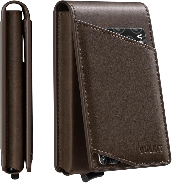 VULKIT Pop Up Wallet for Men, Credit Card Holder Minimalist Slim Bifold Wallets RFID Blocking with Gift Box Espresso