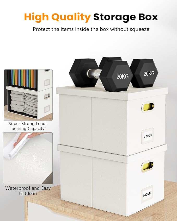 Oterri 2 Pack File Storage Organizer Box,Filing Box,Portable File Box with Lid,Fit for Letter/Legal File Folder Storage, White(Leather)-Box only