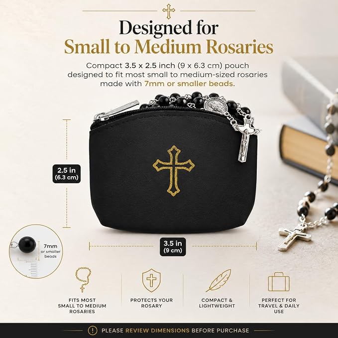 Red Rosary Pouch with Zipper & Gold St. Thomas Cross Imprint | Compact Leatherette Rosary Case for Small to Medium Rosaries | Protective Travel Rosary Holder for Men & Women