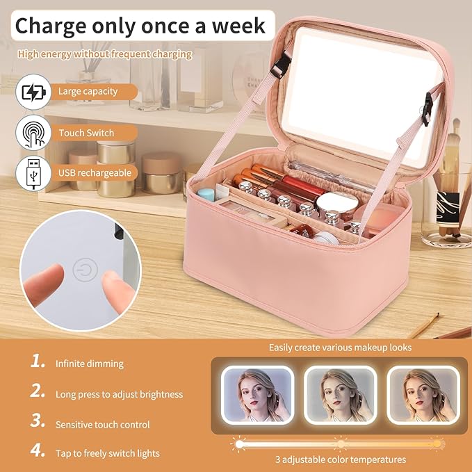 Makeup Bag With LED Mirror, Lightweight Travel Makeup Bag With 3 Color Setting Light Up Mirror Cosmetic Makeup Organizer Vanity Case for Women Beauty Tools Accessories Rechargeable Train Case-Pink