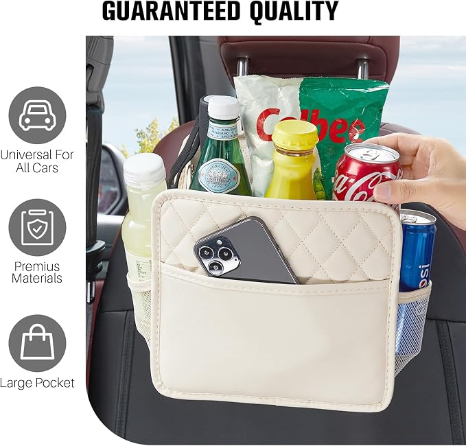 LXUNYI Back Seat Car Organizer, Large Car Seat Organizer with Cup Holders Multifunctional Over the Car Seat Organizer Backseat Hanging Leather Car Seat Organizers and Storage Bags(Beige 1Pack)