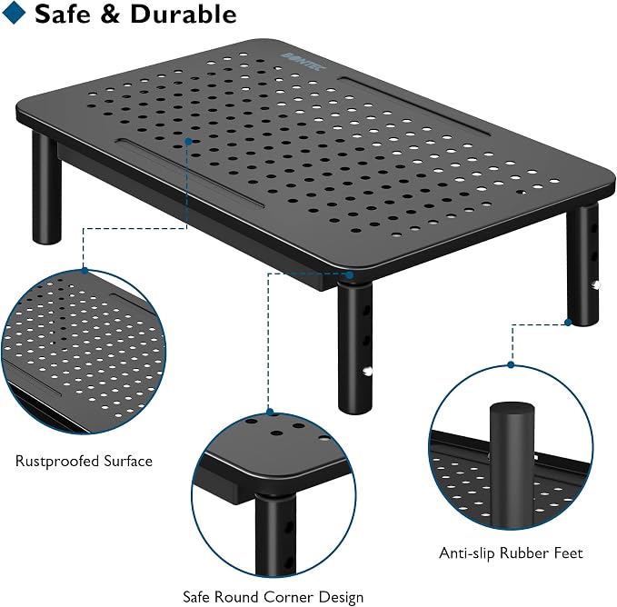 BONTEC 1 Pack Adjustable Monitor Stand Riser with Drawer, Ergonomic Mesh Platform Computer Monitor Stand for Desk, Ventilated Laptop and PC Stand with Cable Management, Supports up to 44lbs