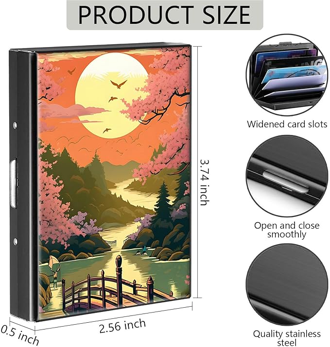Credit Card Holder, Japanese Cherry Blossom Design Mini RFID Blocking Aluminum Wallet Slim Metal Hard Case Shell Travel Wallet ID Case Small Credit Cards Case Business Cards for Women Men