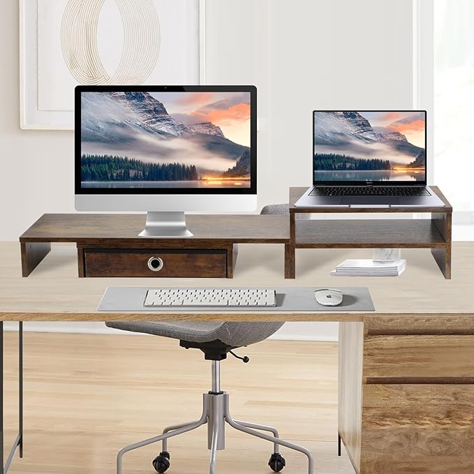 Monitor Riser for 3 Monitors, Dual Monitor Stand for Desk, Triple Monitor Stand with Drawer, Dual Monitor Stand with Storage, Extra Long Triple Monitor Riser up to 52", Angle Adjustable