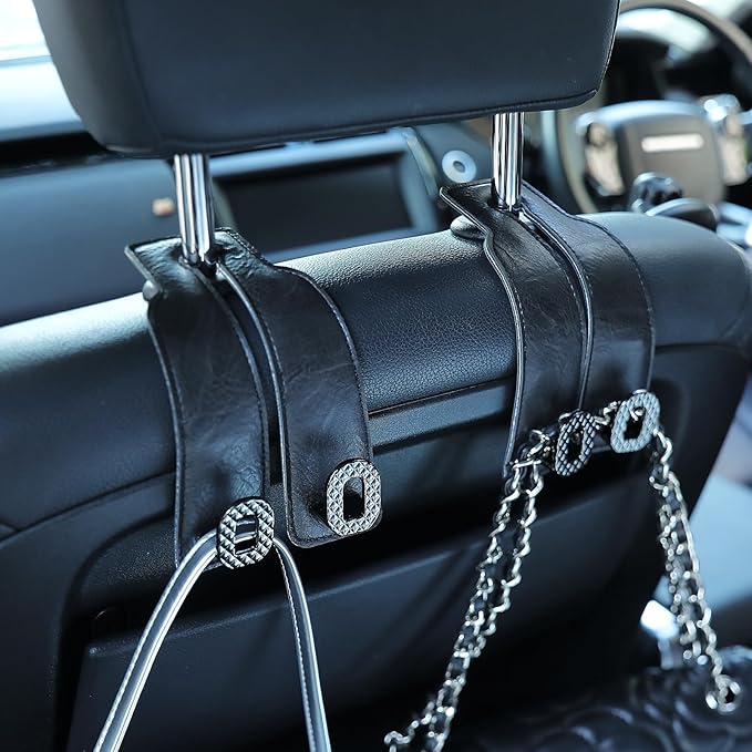Car Headrest Hooks Universal Car Purse Hook Premium Leather and Alloy Twin Hook Car Seat Back Storage Hanger Hook for Purse Bags Cloth Drink Durable Holder Car Accessories (BH09-Black-Black)