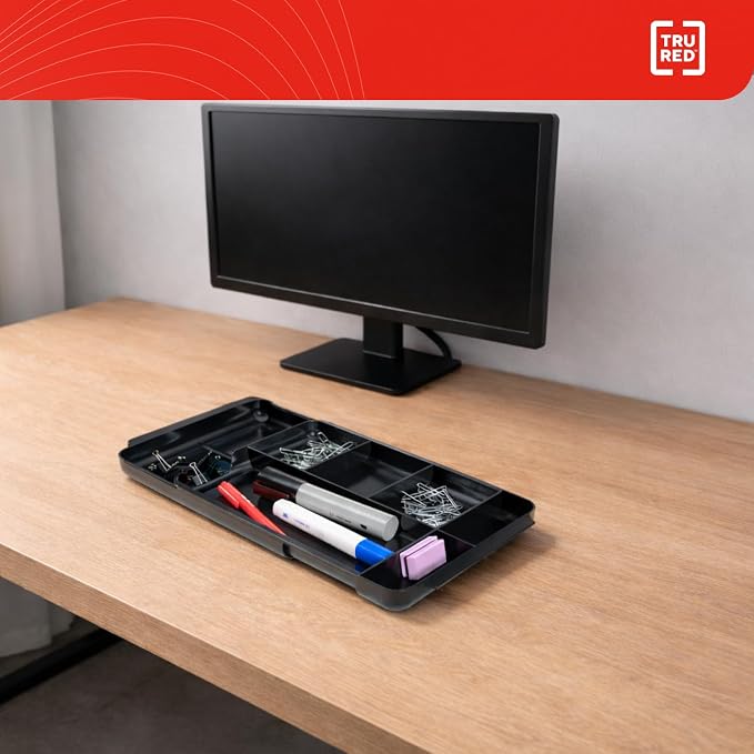 TRU RED Expandable Plastic Drawer Organizer, 7‑Compartment, Black – Adjustable Desk & Drawer Storage for Office Supplies