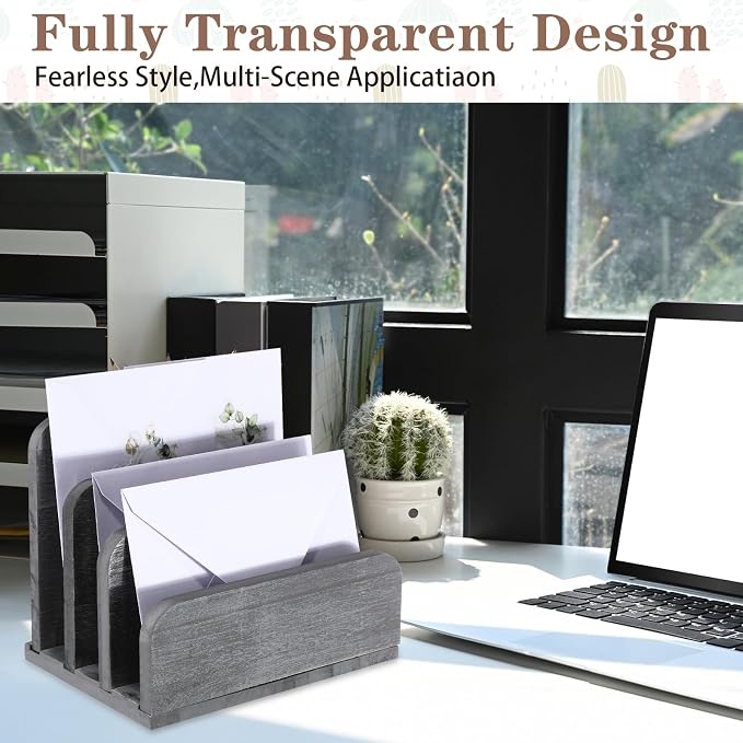Briwooody Wooden Mail Organizer 3 Slots Mail Holder for Desk Wood File Paper Letter Holder for Letter Envelope Filing Cell Phone Document Storage, Organizer Tray for Office and Home(Grey)