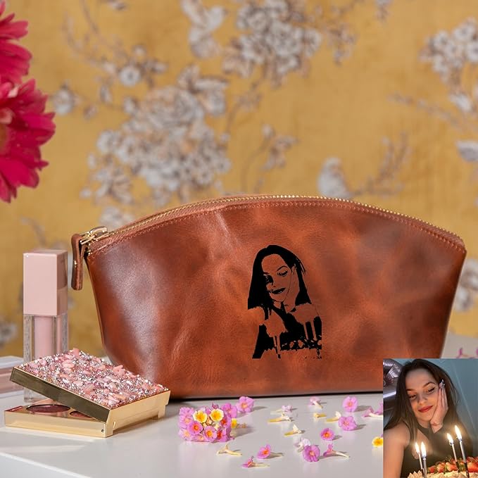 Blade Premium Personalized Genuine Leather Cosmetic Makeup Bag - Wedding Gift for Bridesmaid, Travel Organizer Clutch for Women with Zipper Pouch for Toiletry Essentials (Avanza Rustic)