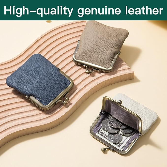 Genuine Leather Kiss Lock Coin Purse, Mini Wallet with Metal Clasp Frame, Small Change Holder, Gift for Women Men, Black