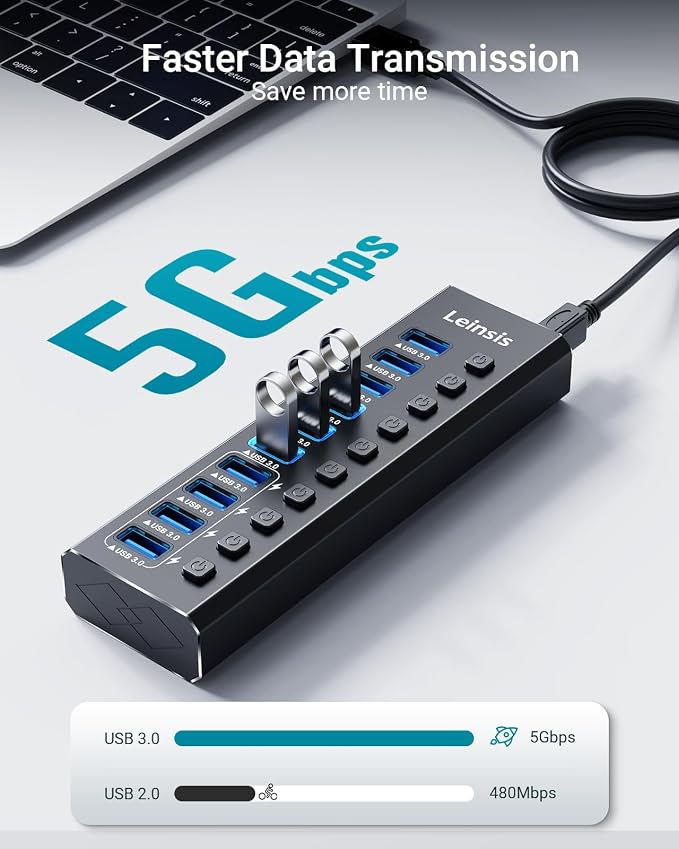 Powered USB Hub 3.0, Leinsis 10-Port USB 3.0 Hub [Durable Aluminum] 10 Data Transfer Ports+ 4 Smart Charging Ports with Individual On/Off Switches, USB Hub 3.0 Powered with Power Adapter for Laptop PC
