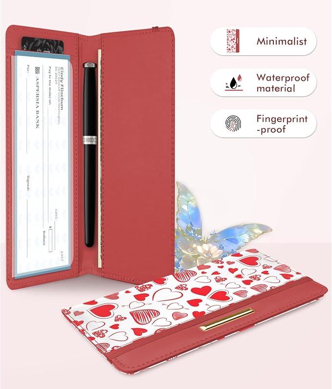 Letter Checkbook Cover, RFID Blocking Checkbook, Stylish, Lightweight, Slim Durable, Multi-Functional Checkbook Holder for Personal and Business Checks (Heart)