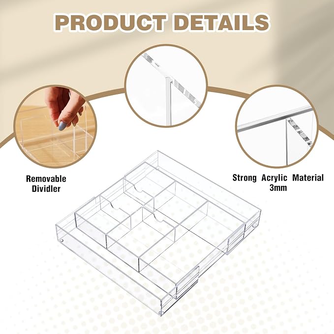 Briwooody 2 Pcs Acrylic Desk Drawer Organizer Maximum 12 x 18 x 2.1 Inch Expandable Drawer Organizer Trays with 8 Adjustable Compartments Desk Accessories for Makeup Silverware Office Bathroom