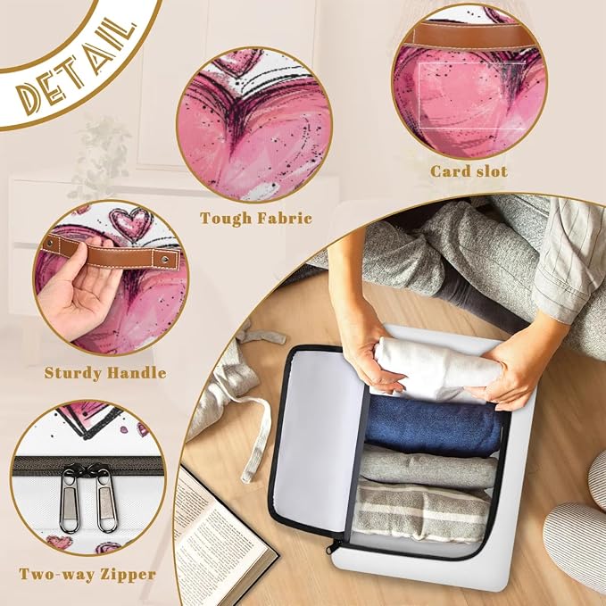Pink Heart Storage Bins With Zipper Lid, Collapsible Trunk Organizer, Car Organizers and Storage Bins with Lids, Valentine‘s Day Decorative Storage Boxes with Handle, Home Storage Baskets