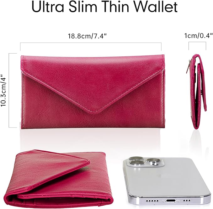 Women's Card Wallet Envelope Style RFID Blocking Credit Card Holder Long Cash Wallet for Ladies, Rose Red