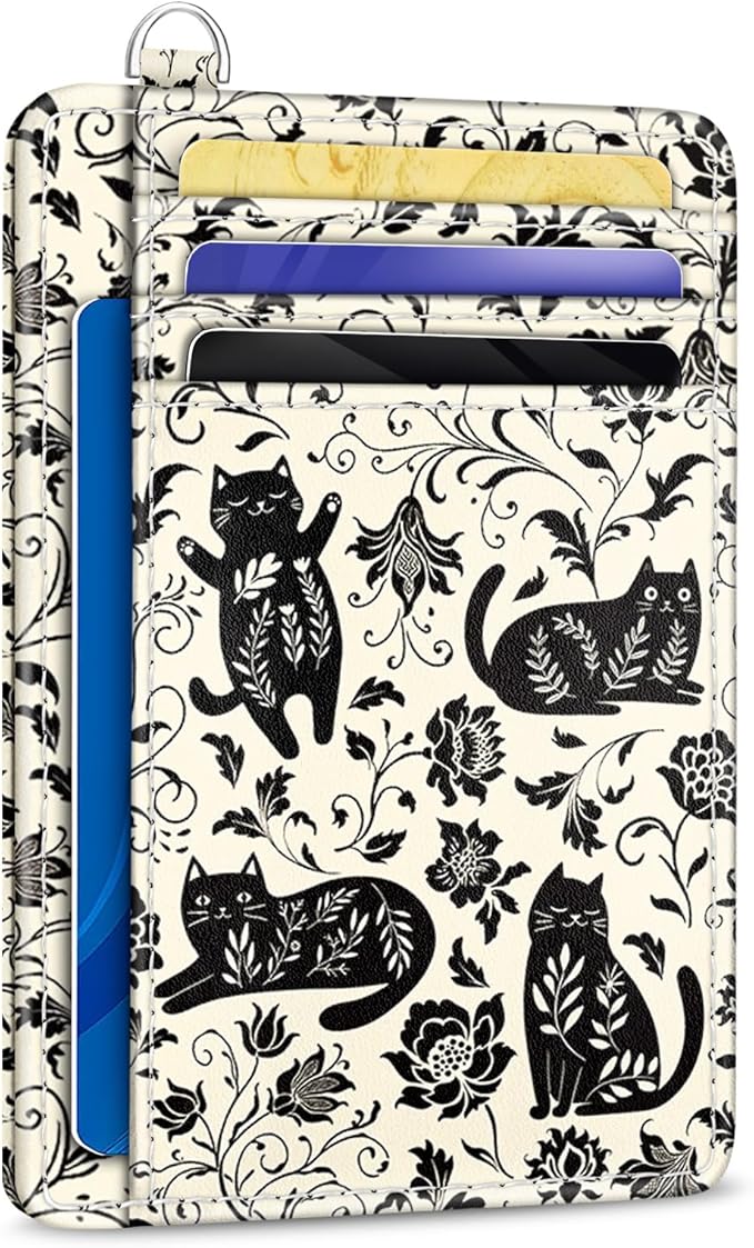 Yonlevres Card Holder Small Wallet Women, Black Cat Flowers RFID Blocking Slim Cute Credit Card Wallet, Front Pocket Travel Thin ID Window PU Leather Mini Organizer Case Purse Gifts Woman Girls Ladies