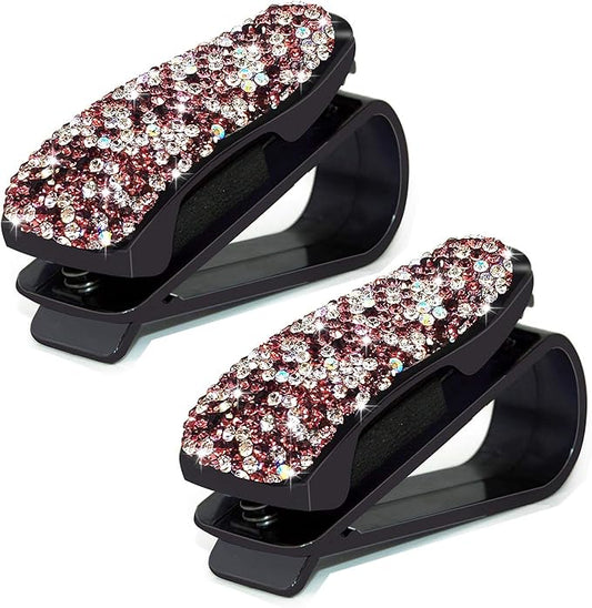 Glasses Holders for Car Sun Visor, 2 Pack Bling Crystal Rhinestones Fashion Car Eyeglasses Sunglasses Hanger Mount with Ticket Card Clip for Women Girls (Purple)