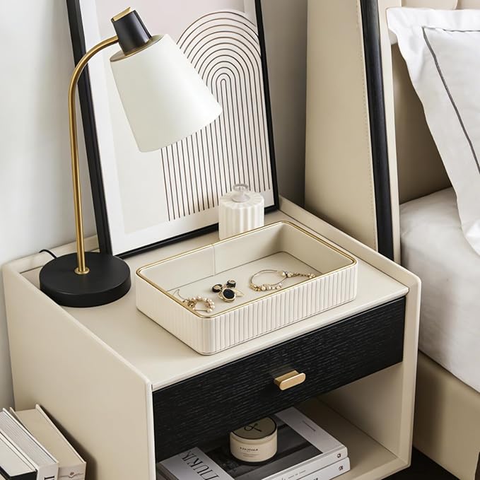 PU Leather Valet Tray,Desk Organizer Tray Nightstand Organizer Trinket Dish Storage Key Bowl Decorative Trays for Phone Wallet Jewelry Watch,Bathroom Bedroom Perfume Vanity Trays,Beige