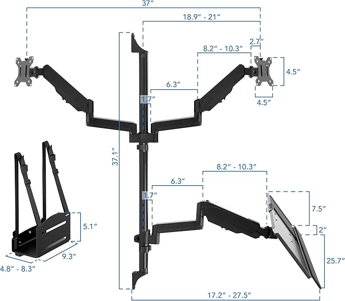 Mount-It! Dual Monitor Arm Wall Mount Workstation with Keyboard Tray & CPU Holder, Height Adjustable Gas Spring Full Motion Computer Station, Fits 17??2??VESA 75x75 100x100, Black