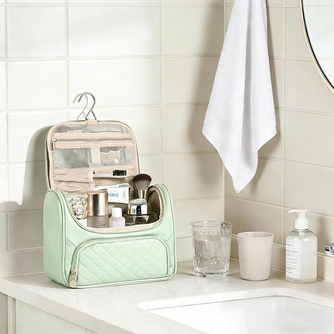 Greenfeather Cosmetic Bags for Women，Hanging Toiletry Bag with Makeup Brush Womens Travel Toiletry Bag for Women Essentials Travel Organizer for Full Sized Cosmetics and Toiletries Green