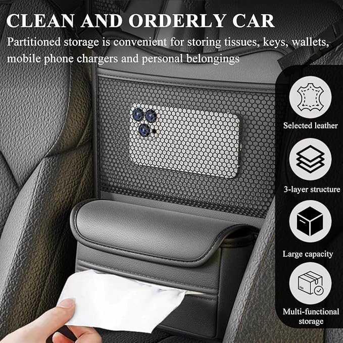 DXNQ Car Organizer Storage Between Seats, Leather Large Capacity Automobile Handbag Hanging Store Content Bag, Auto Console Organizer Holder for Snack Phone Document Storages, Car Accessories (Gray)
