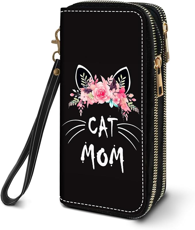 Women's Large Capacity Wallet PU Leather Double Zipper Clutch Purse Multifunctional Wallet with Removable Wristlet Strap for Smart Phone/Coin/Card/Cash, Floral Cat Mom