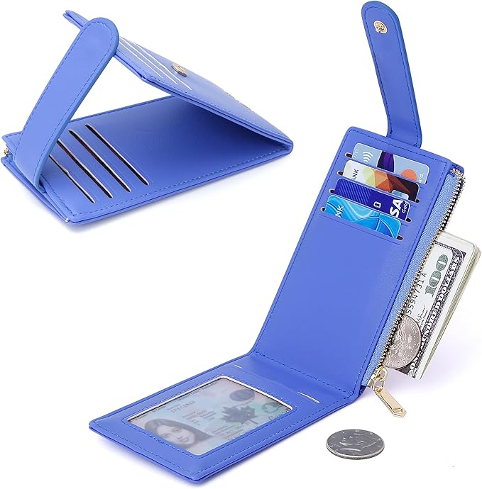 Badiya Slim Women Wallet RFID Blocking Bifold Compact 9 Card Slots Holder Wallets Soft Leather with Zipper Coin Pocket 2 ID Window
