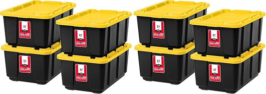 IRIS USA 8-Pack 27 Gallon Storage Bins with Lids |Made in USA| Heavy Duty Plastic Tote Containers for Truckbed Tool Box Organization, Large - Black/Yellow