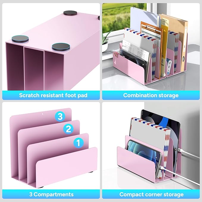 Mail Organizer Countertop, Small Desk File Organizer, Metal File Holder - Essential Workspace Organizers for Office Desk, Home Office (Pink)