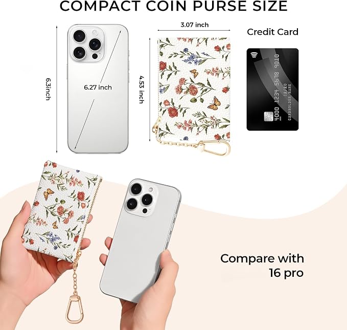 Colorful Flower with Butterfly Keychain Coin Purse for Women, Small PU Leather Change Pouch, Zipper Little Tiny Travel Wallet for Girls, Cute Kawaii Zip Pocket Coin Holder with Key Ring