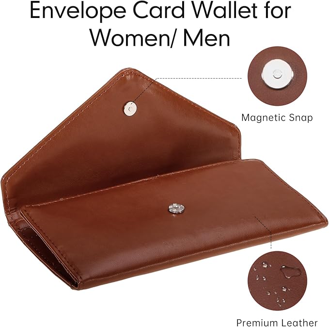 Leather Cash Envelope Wallet, RFID Blocking Card Organizer for Women, Reusable Coin Pouch, Coffee Brown