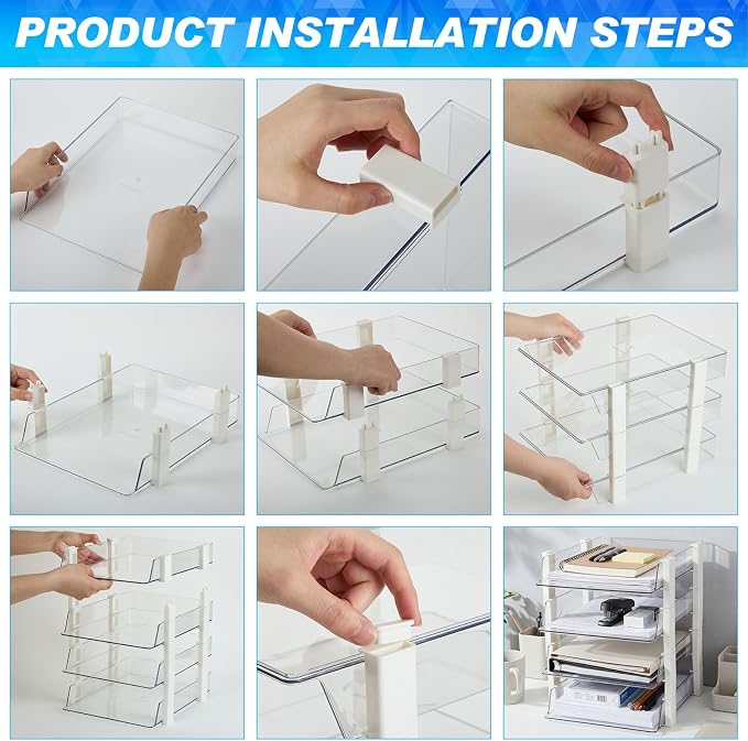 SiliFine 4 Tier Clear Stackable Desk Organizer 12.68 x 10.47 x 12.91 Inch Plastic Letter File Trays Rectangular Paper Storage Holder for Office Desktop Document Classroom Hospital (White)