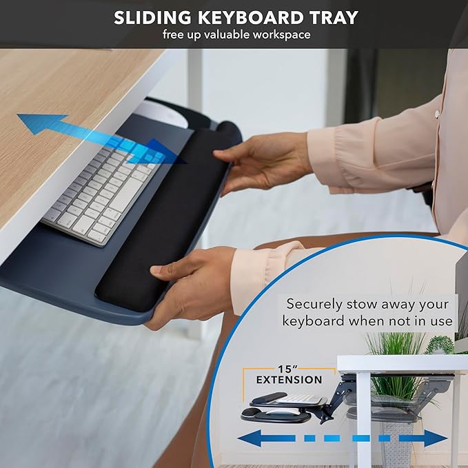 Mount-It! Under Desk Keyboard Tray, Adjustable Slide-Out Keyboard & Mouse Platform, 20.5" W × 11" D, Ergonomic Wrist Rest, Tilt & Swivel, Heavy-Duty Bolt-On Keyboard Drawer for Home Office, Blue
