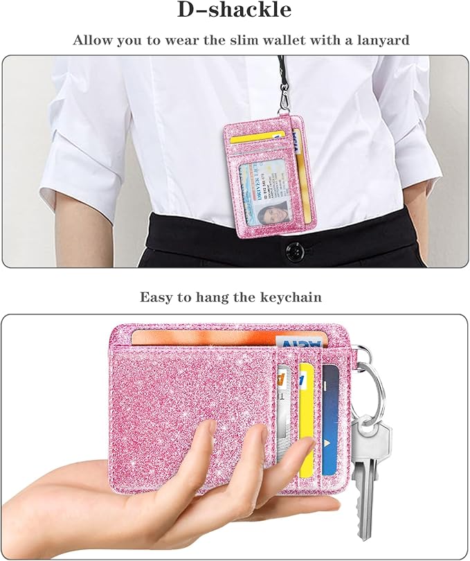 Coco Rossi Slim Front Pocket Wallet RFID ID Card Holder Cute Small Wallet with Wrist Lanyards Key Chain Holder for Women, Peach Pink Glitter